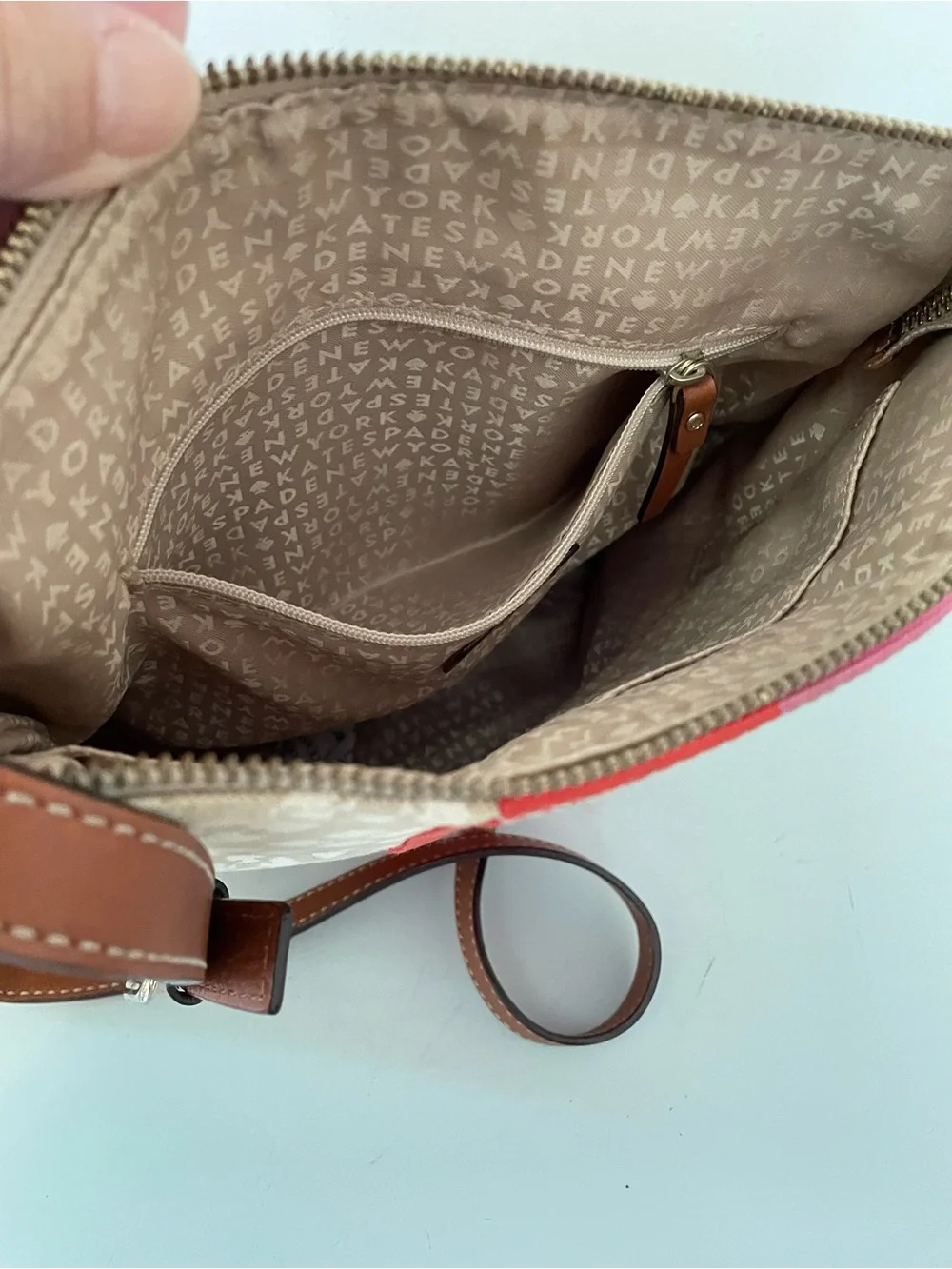 Kate Spade Beige Crossbody with Pink and Red Center Stripe